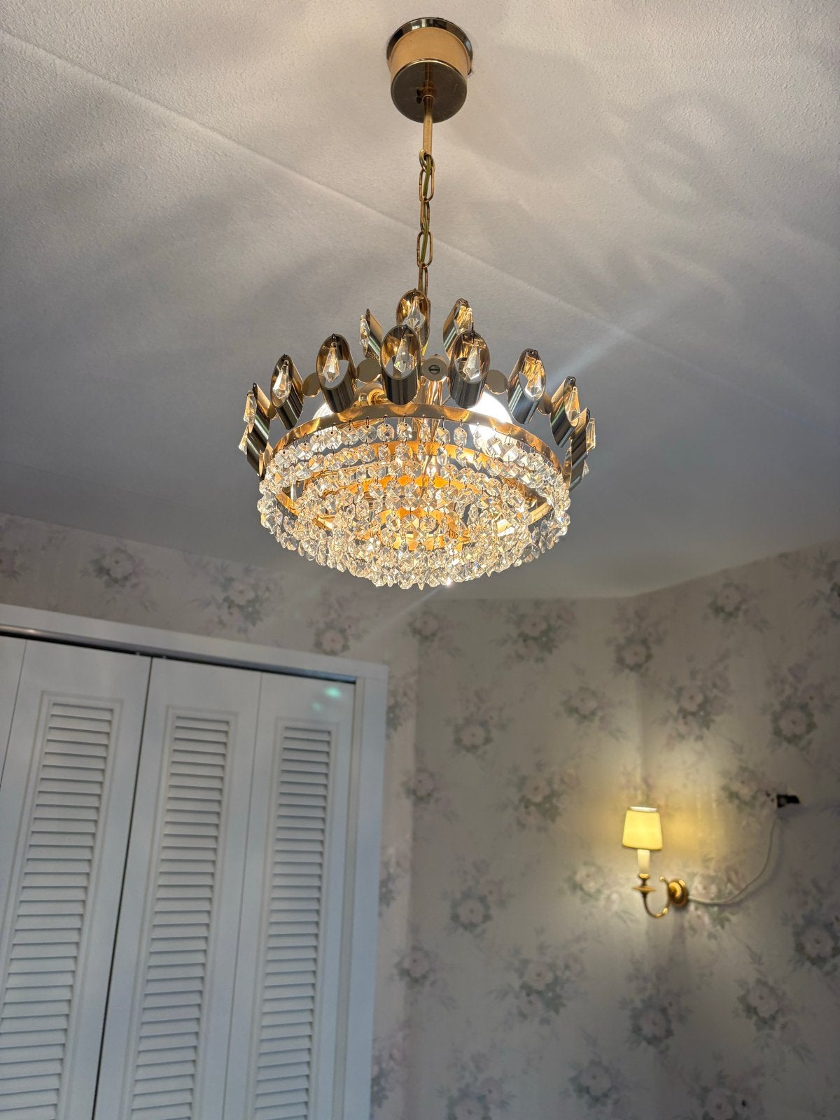 Gouden Kroonluchter met Kristallen, Huis en Inrichting, Lampen | Kroonluchters, Ophalen, Gebruikt, Metaal, E14 (klein)