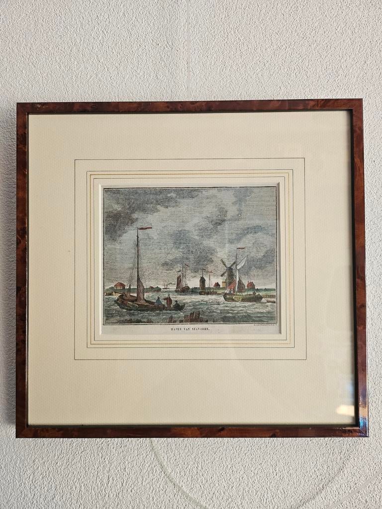 Antieke prent havengezicht Stavoren, handgekleurde gravure, Antiek en Kunst, 1800 - 1899, Stadsgezicht, Ophalen of Verzenden, Gravure