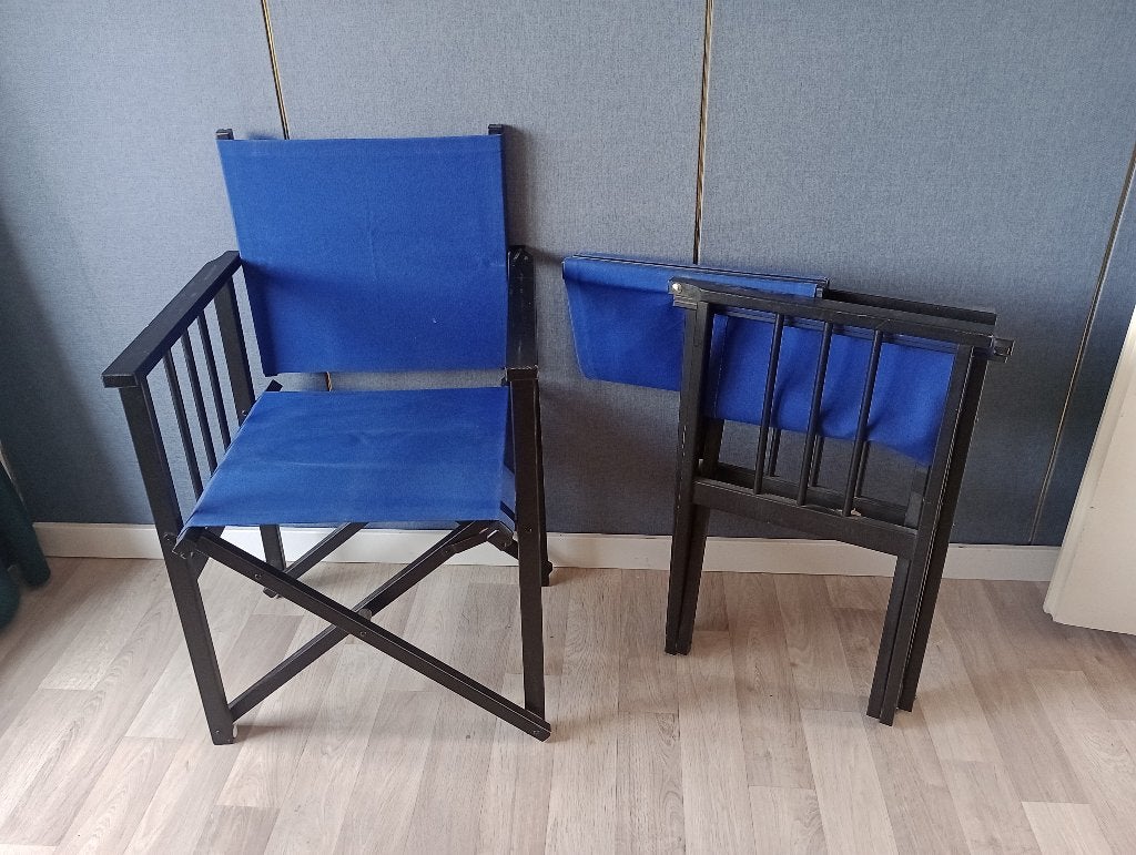 regisseursstoelen / camping stoelen blauw, Huis en Inrichting, Stoelen, Ophalen, Gebruikt, Twee, Blauw