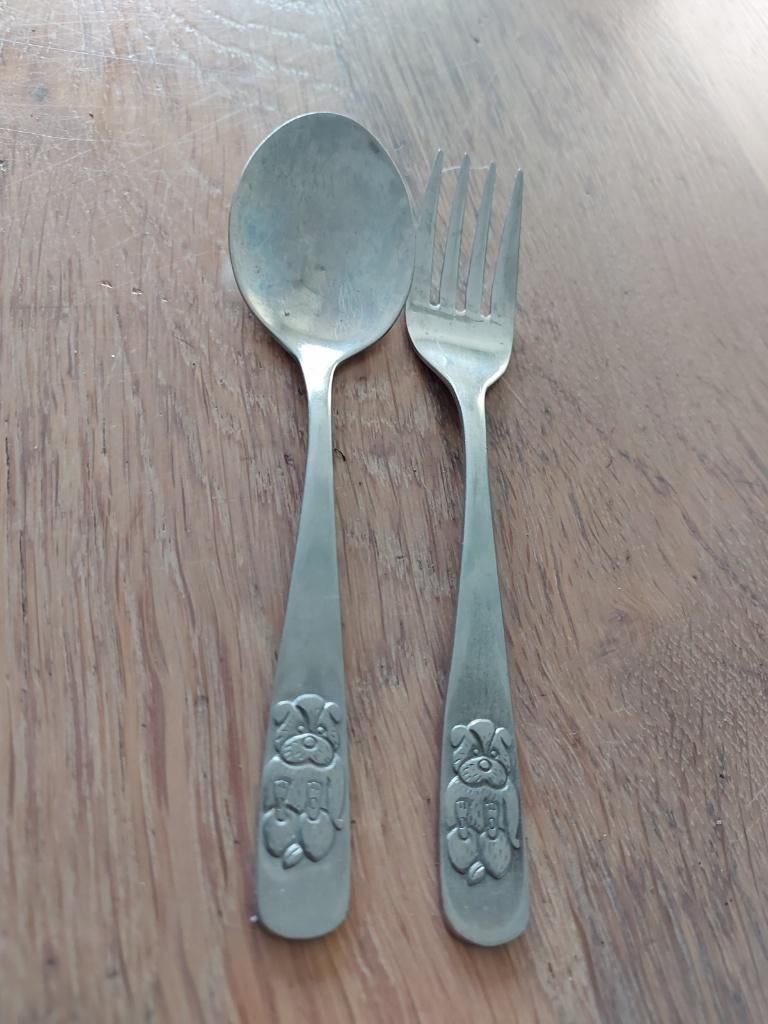 Kinder bestek - vork en lepel met beertje, Ophalen of Verzenden, Zo goed als nieuw, Rvs of Chroom, Bestekset