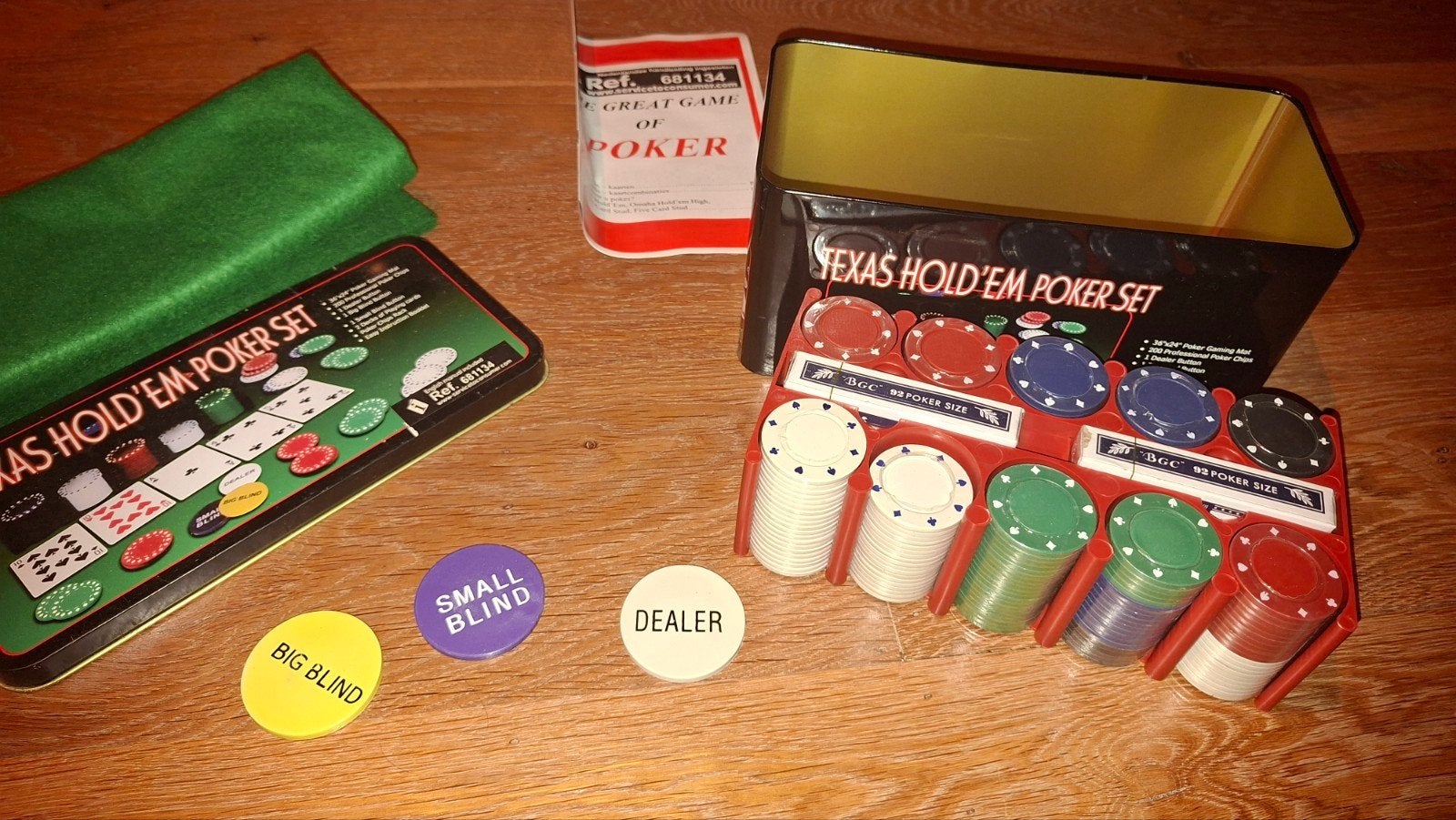 Texas Hold'em Poker Set in blikken doos, Een of twee spelers, Ophalen, Zo goed als nieuw, Onbekend
