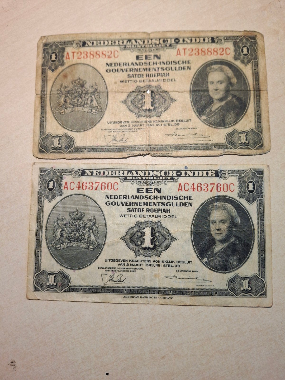 2x 1 Gulden Nederlands-Indië Wilhelmina biljetten, Ophalen of Verzenden