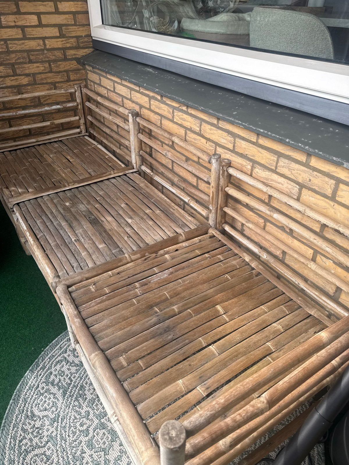Bamboe tuinbank met palletkussens, Tuin en Terras, Tuinsets en Loungesets, Ophalen, Overige materialen, Gebruikt, 3 zitplaatsen