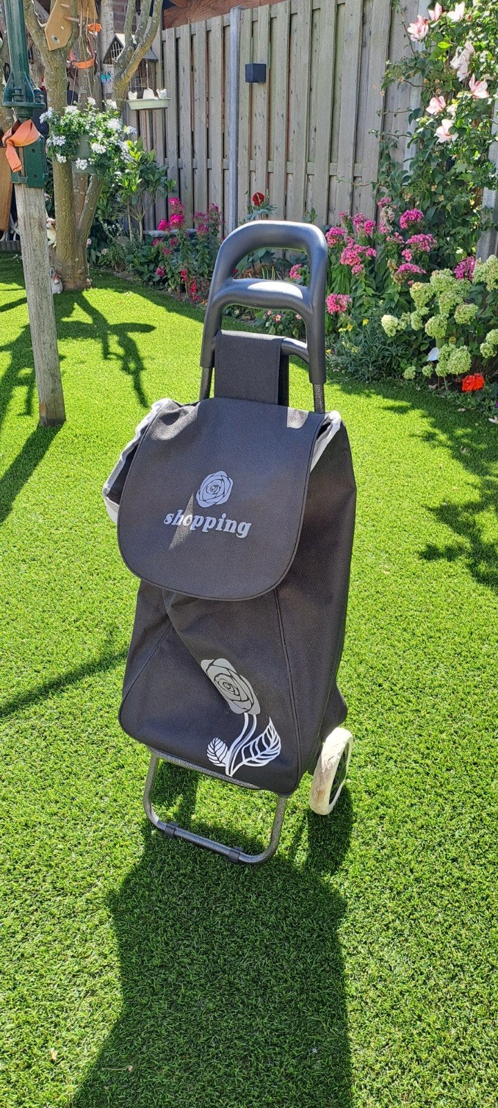 Boodschappentrolley met wielen - Zwart met roos design, Ophalen, Gebruikt, Zwart, Textiel