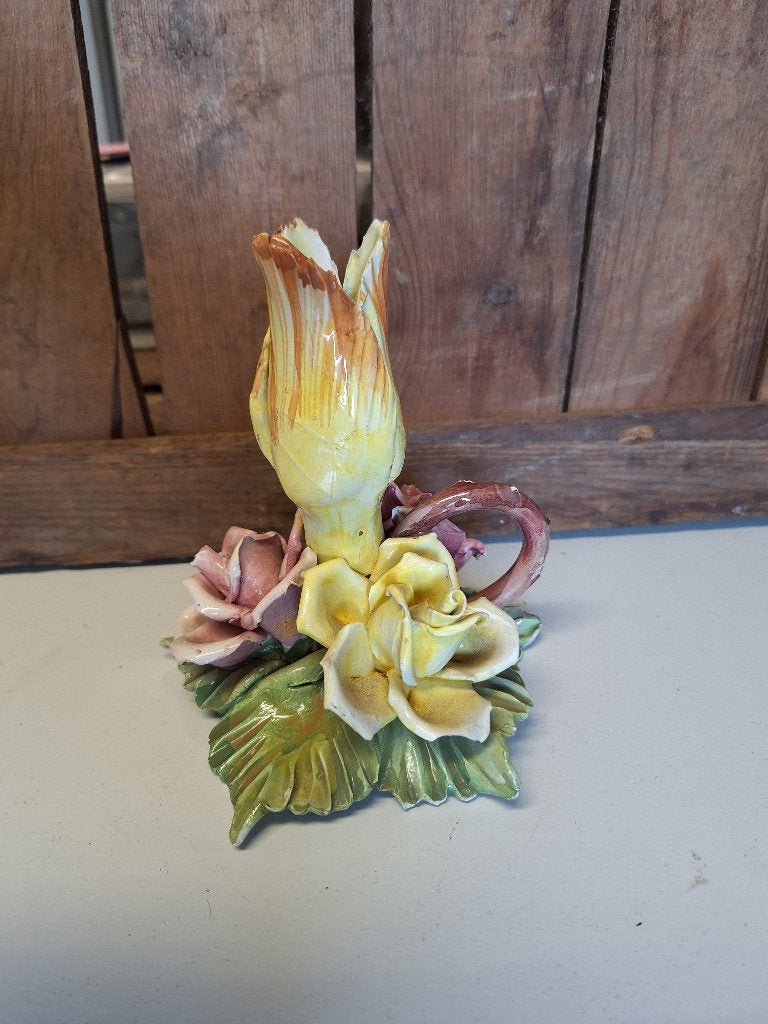 Vintage keramieken kandelaar met bloemen, Ophalen, Overige materialen