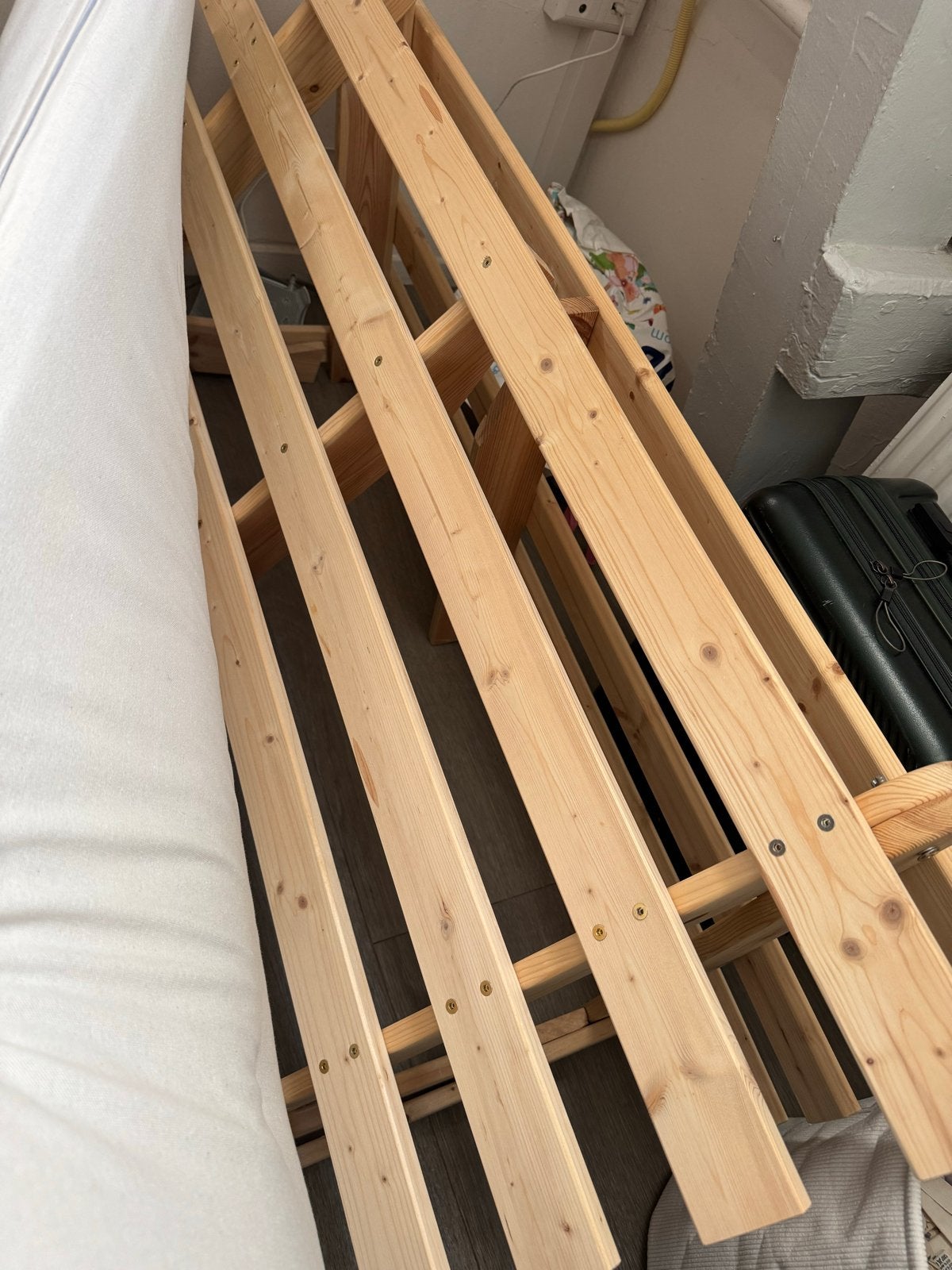 Houten futonbed met matras, Ophalen, Gebruikt, Wit, Tweepersoons