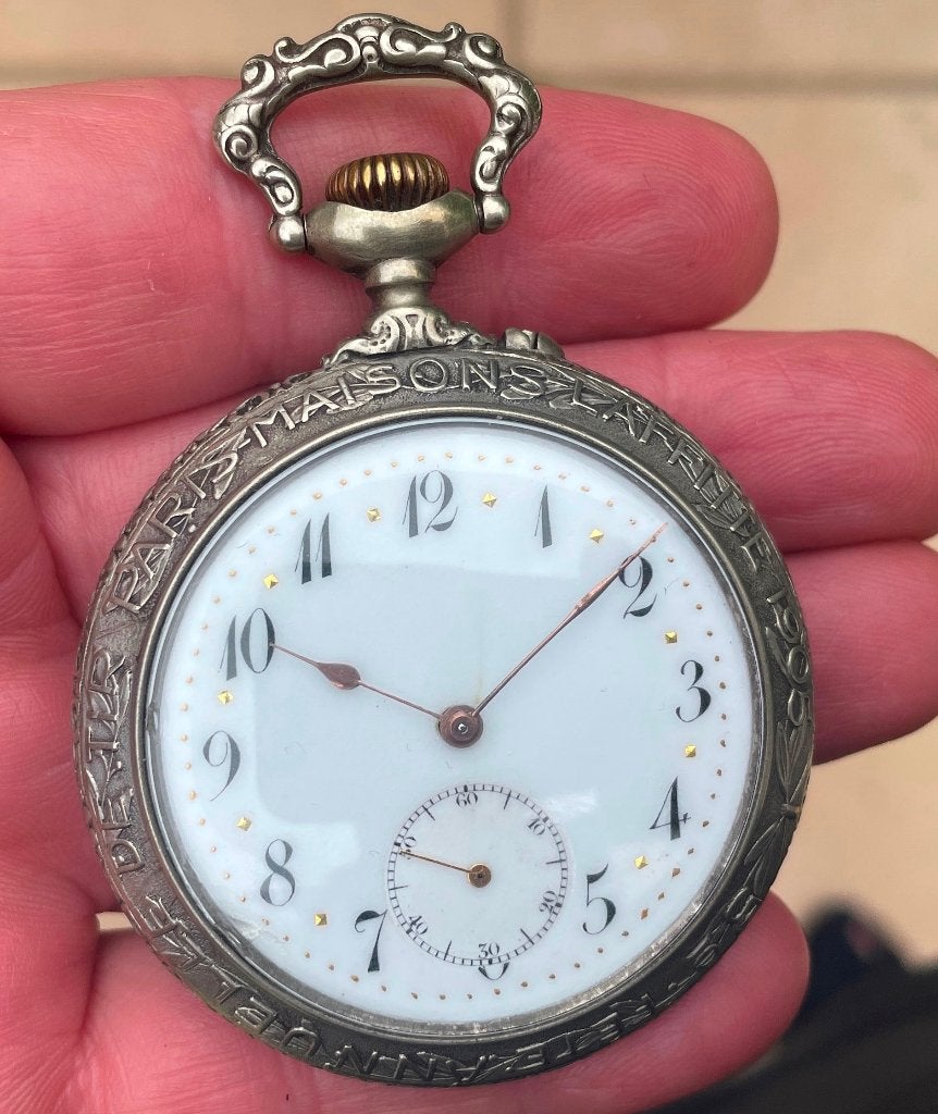 zakhorloge Lafitte France kruisboog zelfgemaakt, Sieraden, Tassen en Uiterlijk, Zakhorloge, Staal, 1900 tot 1930, Ophalen of Verzenden