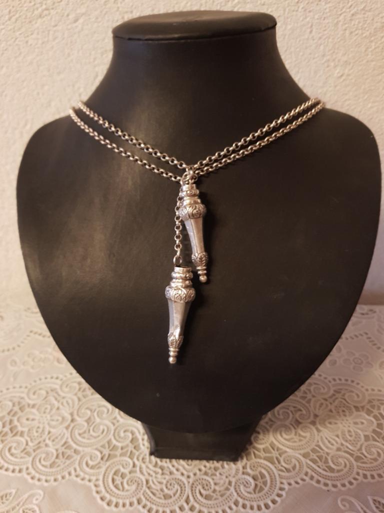 Antieke  zilveren jasaron ketting met breipenhouders, Ophalen of Verzenden, Zilver