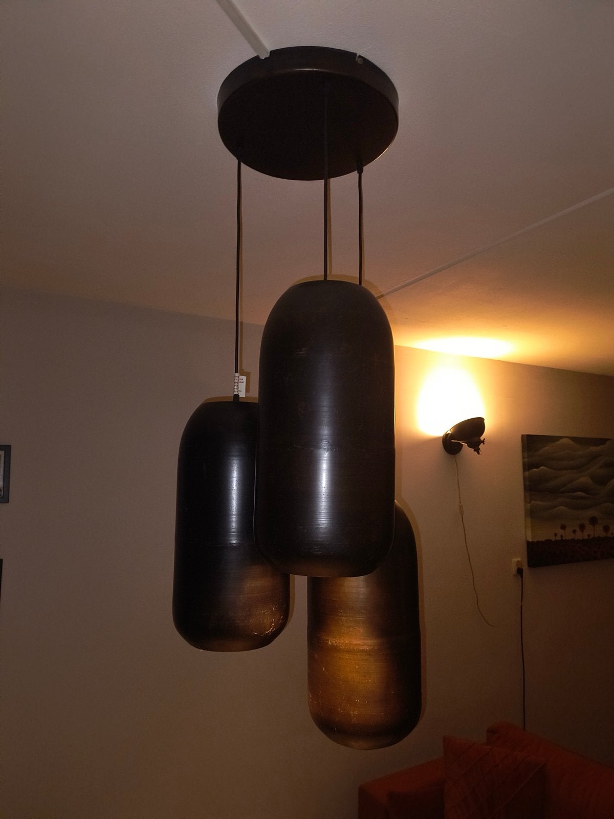 Hanglamp met 3 bruin zwart metalen kappen, Ophalen, Zo goed als nieuw, Metaal, E27 (groot)