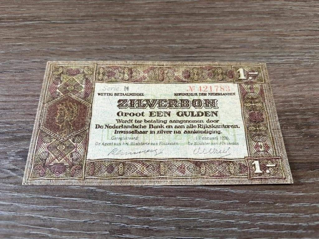 Prachtig biljet 1 gulden 1920, zilverbon van het oude type, Ophalen of Verzenden, 1 gulden