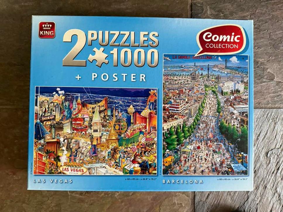 King Puzzel Comic Collection: Las Vegas & Barcelona (2x1000), Ophalen of Verzenden, 500 t/m 1500 stukjes, Gebruikt, Legpuzzel