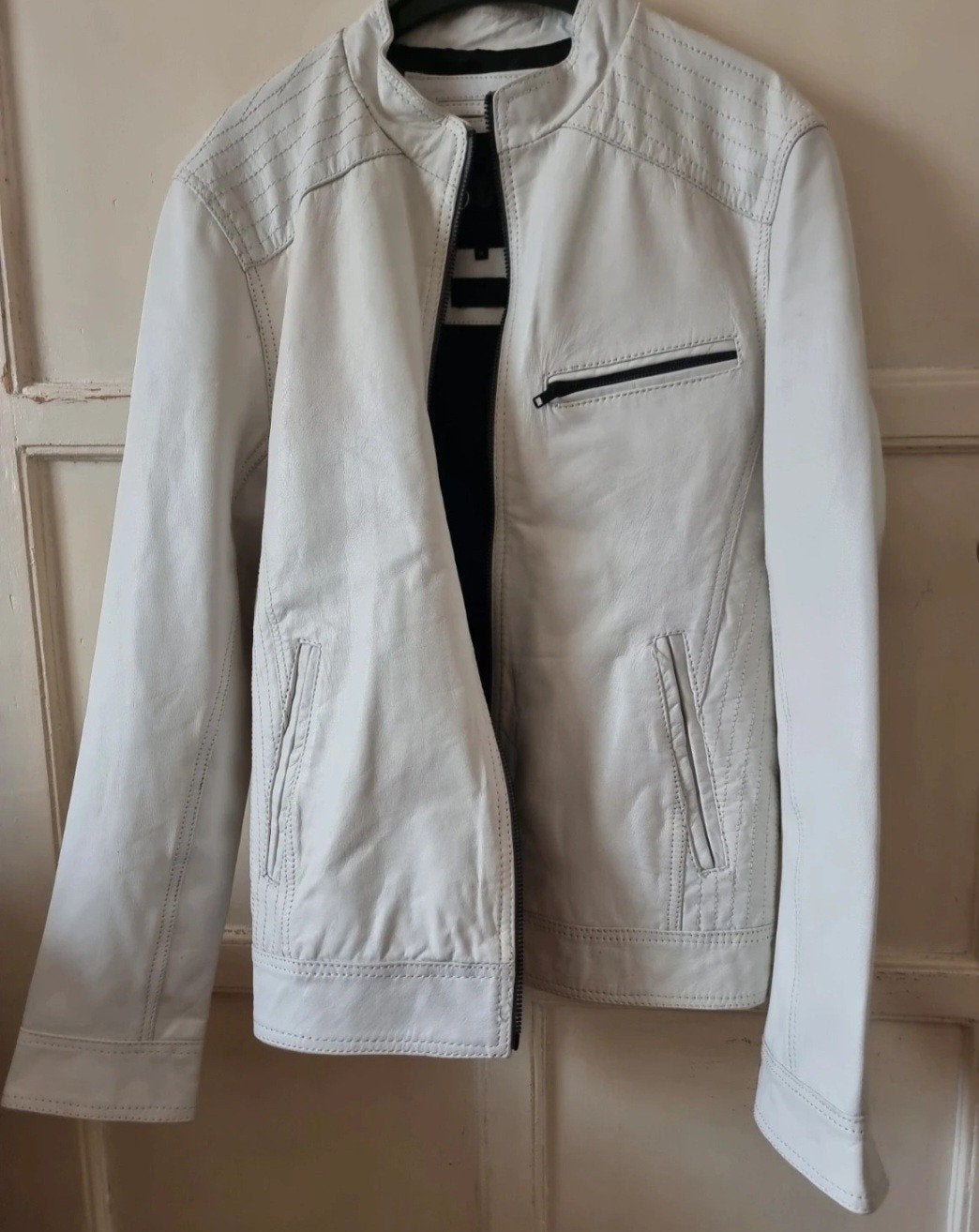 Jack & Jones Premium Leren Jas bikerjack Maat M, Kleding | Heren, Maat 48/50 (M), Wit, Ophalen of Verzenden, Zo goed als nieuw