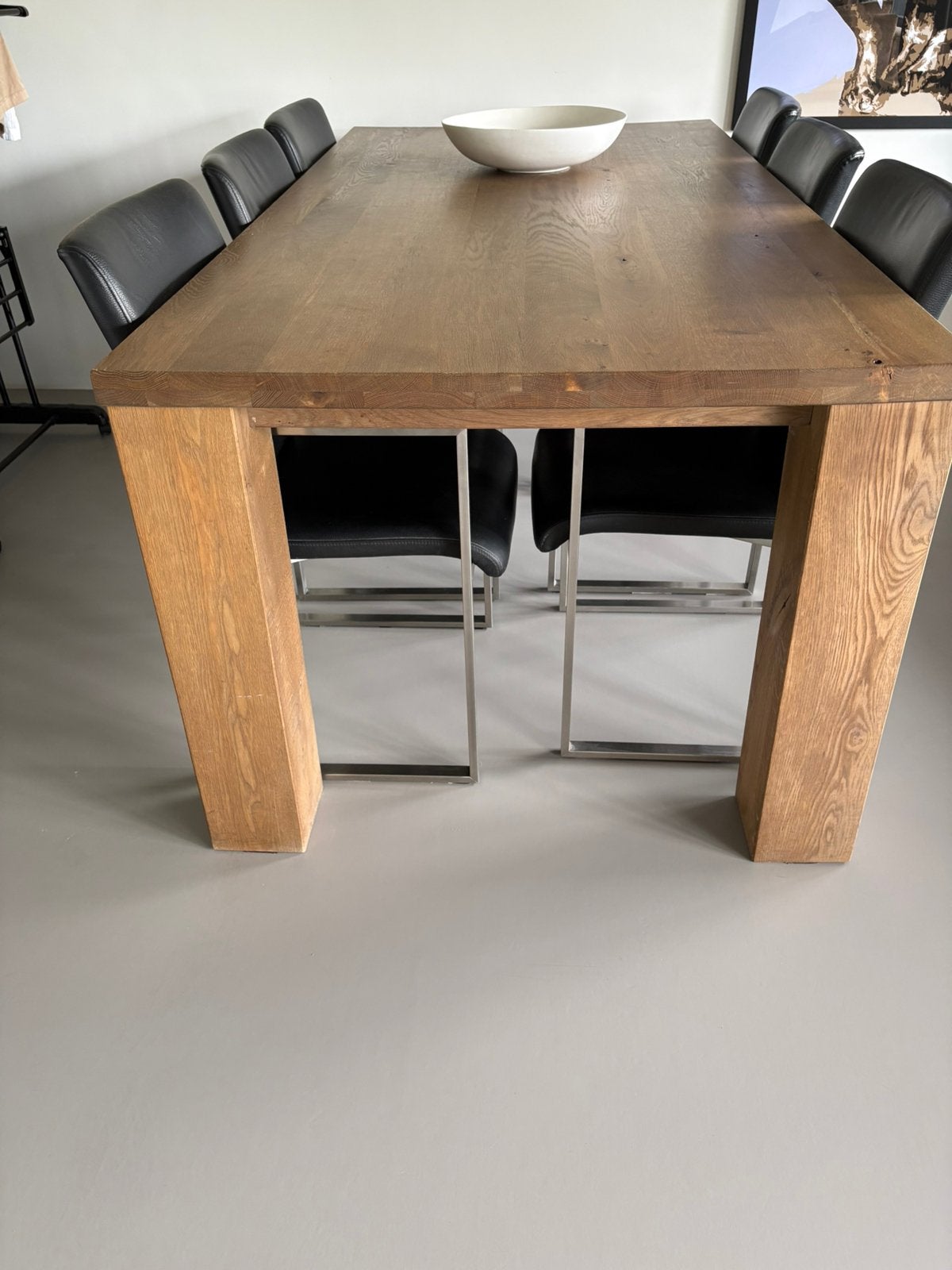 Prachtige massief houten tafel met leren RVS stoelen, Ophalen, Gebruikt, Eikenhout, 200 cm of meer