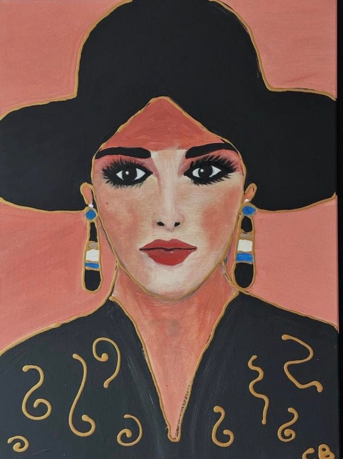 Vrouw met hoed en oorbellen - Modern portret, Acrylverf, Handgeschilderd, Ophalen of Verzenden, Overige materialen
