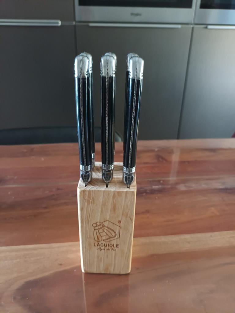 Laguiole steakmessen set met houten blok - 6 stuks, Ophalen of Verzenden, Zo goed als nieuw, Rvs of Chroom