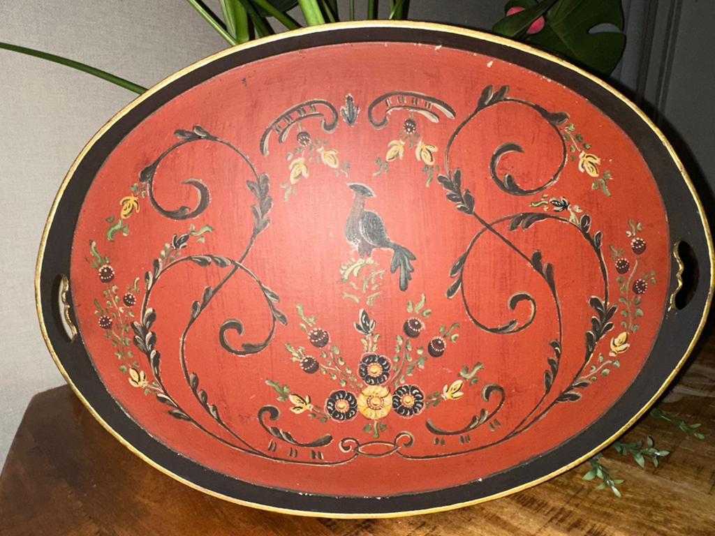 Vintage Ovale Dienblad met Handgeschilderde Vogel en Bloemen, Antiek en Kunst, Ophalen of Verzenden