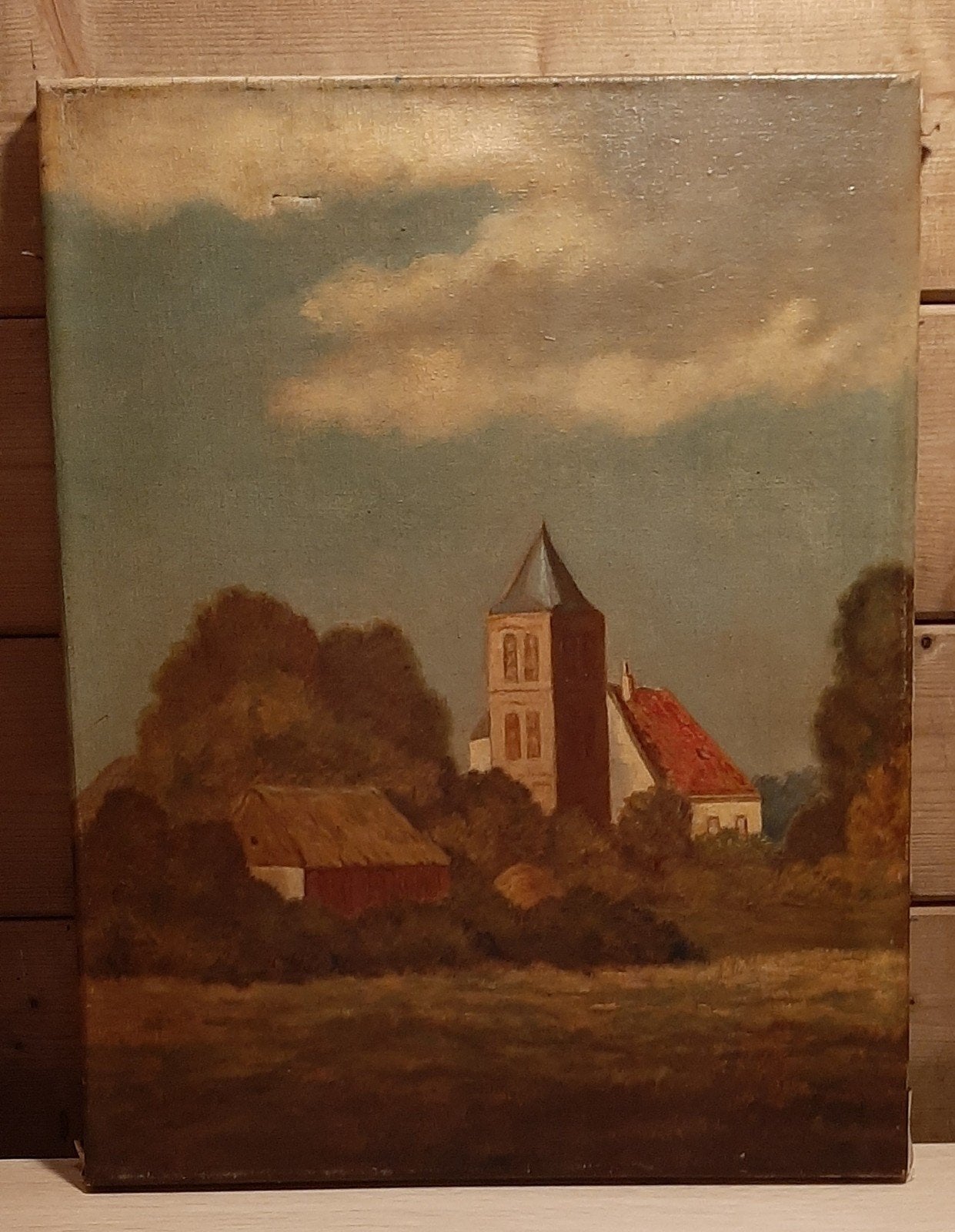 olieverf schilderij van kerk in Hollands of Vlaams landschap, Antiek en Kunst, Ophalen of Verzenden