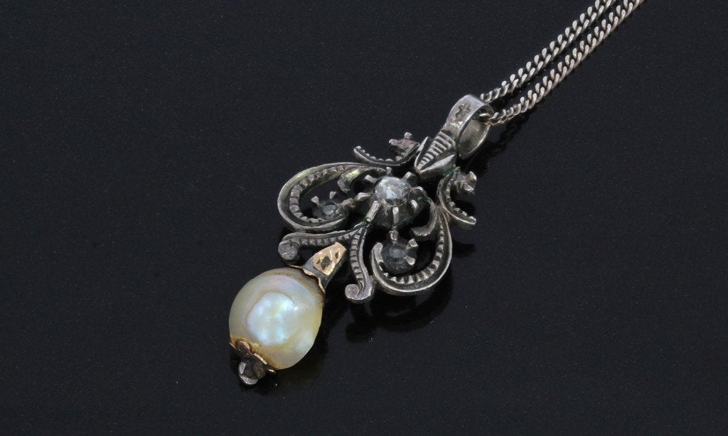 Sale Diamant parel antiek gouden zilveren ketting en hanger, Verzenden, Goud, Ketting, Met edelsteen