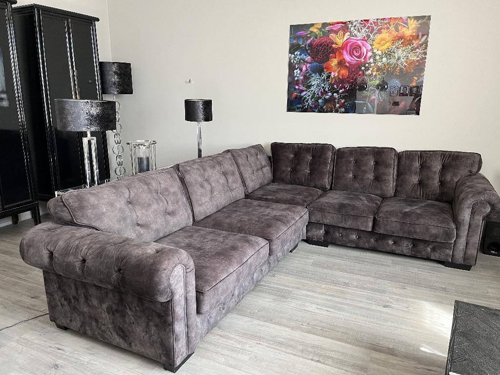 Urban Sofa hoekbank – Sevilla donkerbruin (6-zits) + poef, Ophalen, Stof