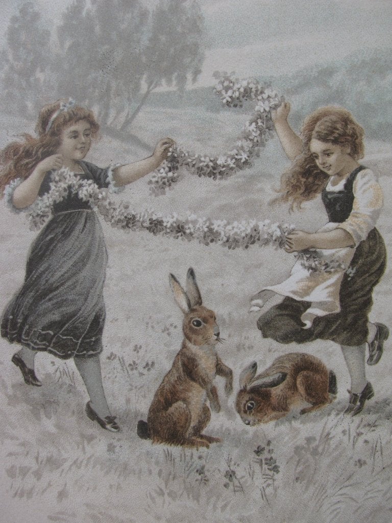Antieke Kaart - Kinderen met Bloemenslinger / Konijn, Verzenden, Voor 1920, Ongelopen, Kinderen