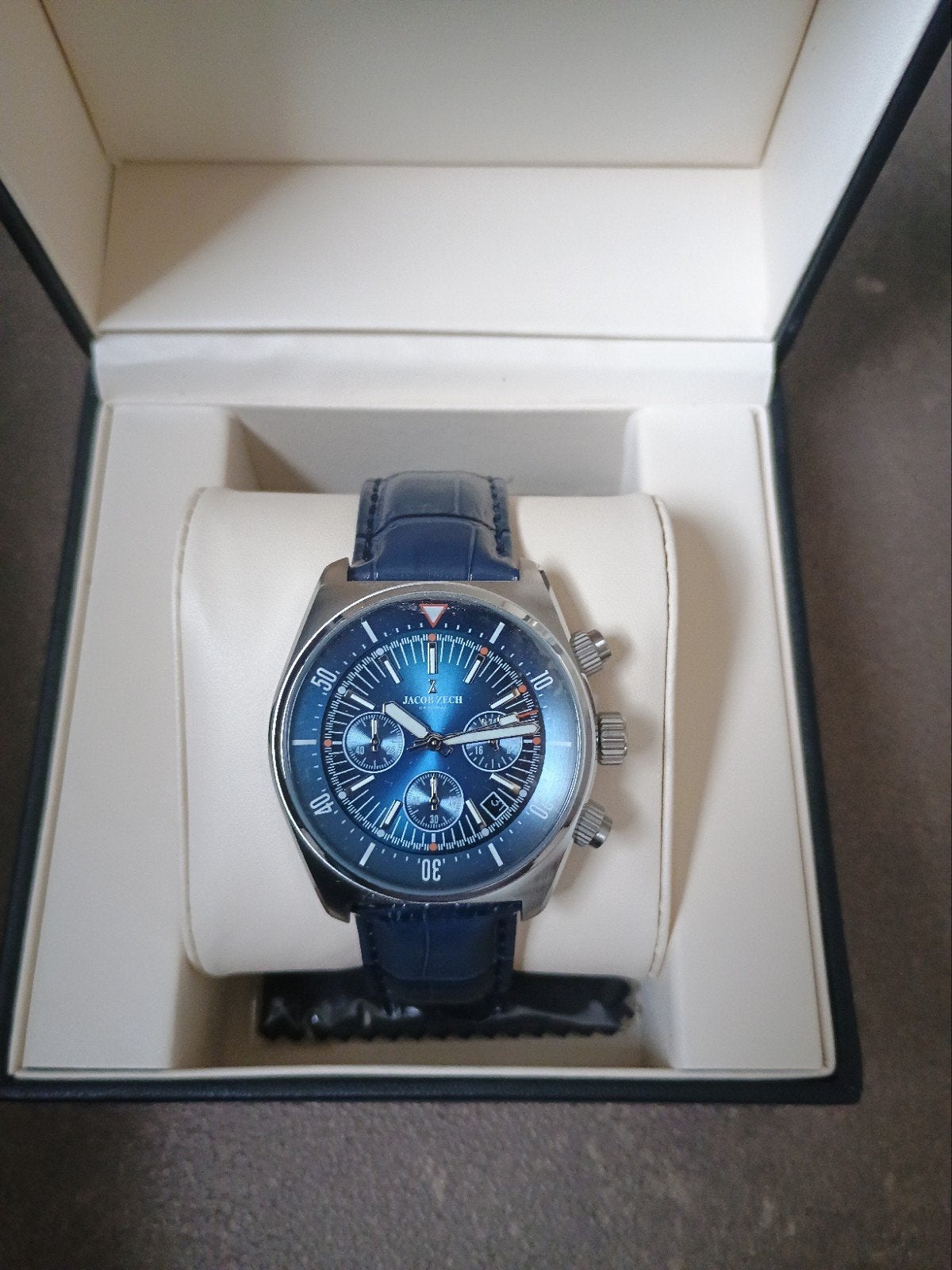 Jacob Zech Herenhorloge - Chronograaf - Blauw Leer, Sieraden, Tassen en Uiterlijk, Horloges | Heren, Ophalen of Verzenden, Nieuw