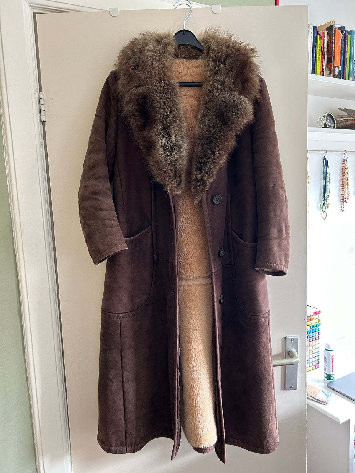 Vintage bruine suède jas met bontkraag, Ophalen of Verzenden, Gedragen, Maat 36 (S), Bruin
