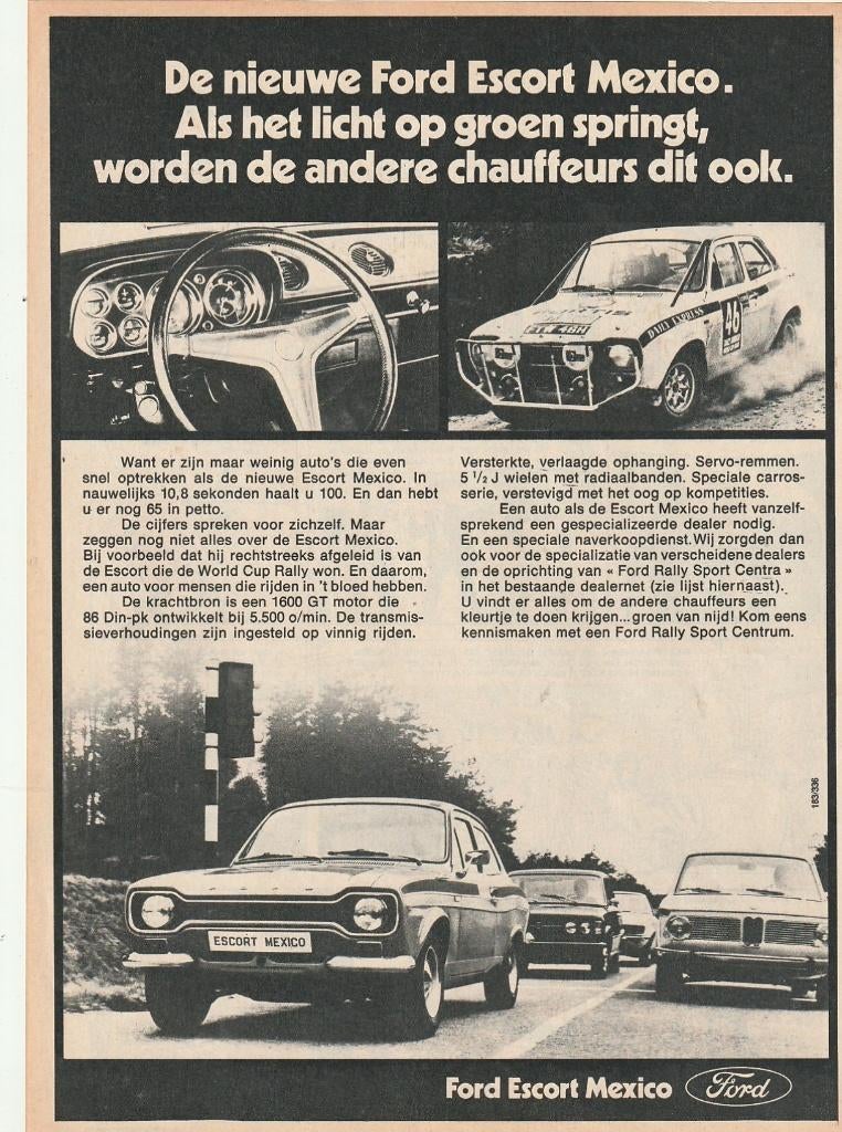 Retro reclame 1971 Ford Escort Mexico auto snel optrekken, Verzenden, Overige typen