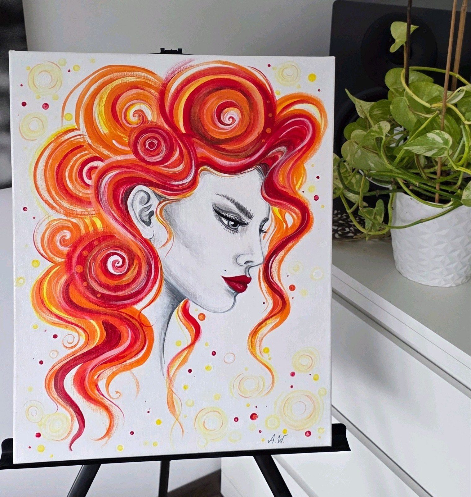 Handgeschilderd schilderij – vrouw met rood haar – 40x50 cm, Antiek en Kunst, Kunst | Schilderijen | Modern, Ophalen, Acrylverf