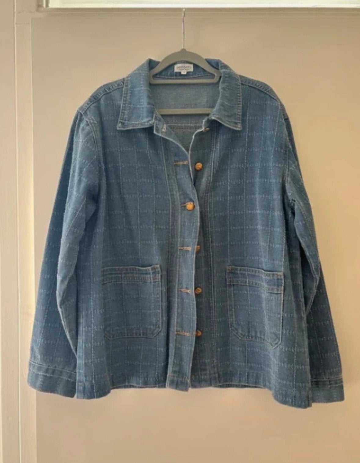 Geruit spijkerjack L/40 - blauw denim jasje, Kleding | Dames, Jassen | Zomer, Verzenden, Zo goed als nieuw, Maat 38/40 (M), Blauw