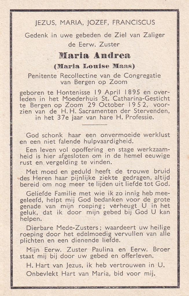 Maas Maria 1895 Hontenisse 1952 Bergen op zoom zuster, Ophalen of Verzenden, Bidprentje