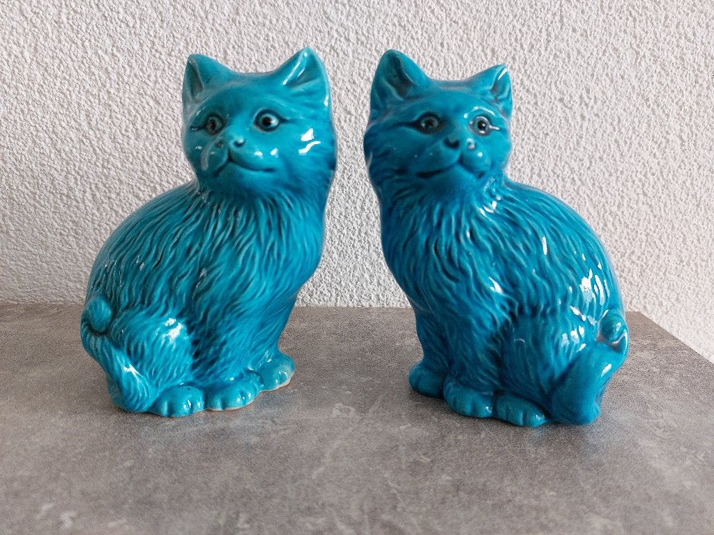 CHINESE TURQUOISE PORSELEINEN KATTEN, Antiek en Kunst, Blauw, 14 cm, China, Beeld