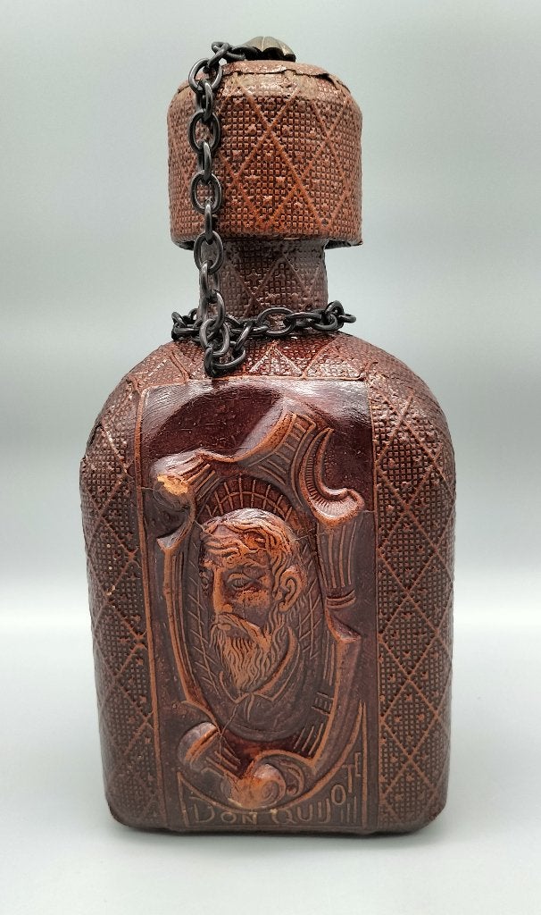 Vintage leren decanteerfles met reliëf van Don Quichot, Ophalen of Verzenden