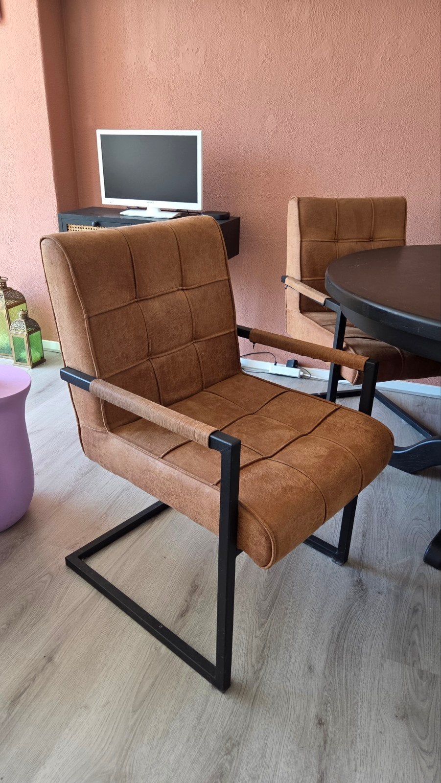Ronde eettafel met 4 stoelen - Bruin/Zwart, Ophalen, Gebruikt, Overige materialen, Rond