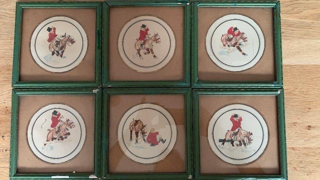 Te koop 6 mooie oude ingelijste tekeningen, Antiek en Kunst, Ophalen of Verzenden