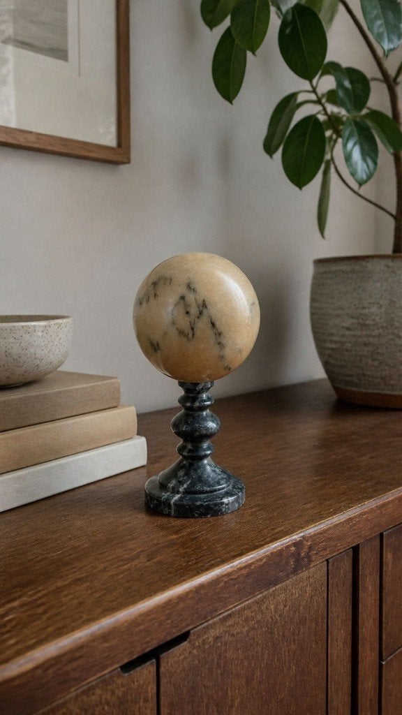 Natuurstenen bol op marmeren sokkel - Mid-century - Italië, Overige onderwerpen, Art deco, Ophalen of Verzenden, 20 - 50 cm