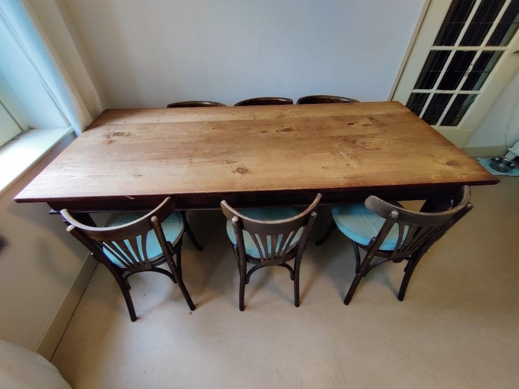 Eettafel, groot, massief hout 210x89 cm, Huis en Inrichting, Tafels | Eettafels, Ophalen, Gebruikt, Teakhout, 200 cm of meer