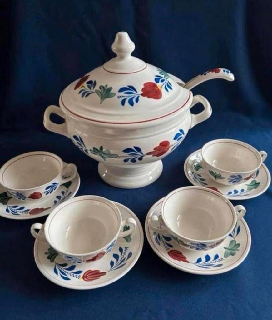 Boerenbont soepterrine met soepkommem, Huis en Inrichting, Keuken | Servies, Gebruikt, Ophalen of Verzenden, Kom(men), Aardewerk