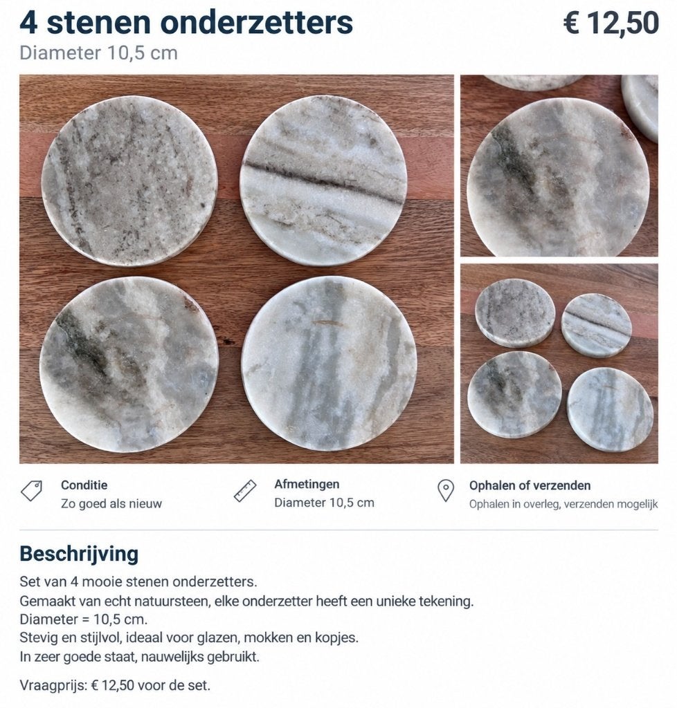 4 stenen onderzetters – Ø 10,5 cm, Ophalen of Verzenden, Beige