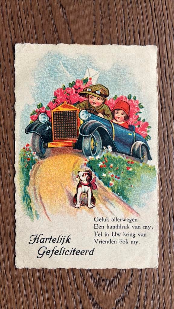 Kinderen in auto. Bloemen,brief. Geluk allerwegen,gedicht, Ophalen, 1920 tot 1940, Gelopen, Kinderen