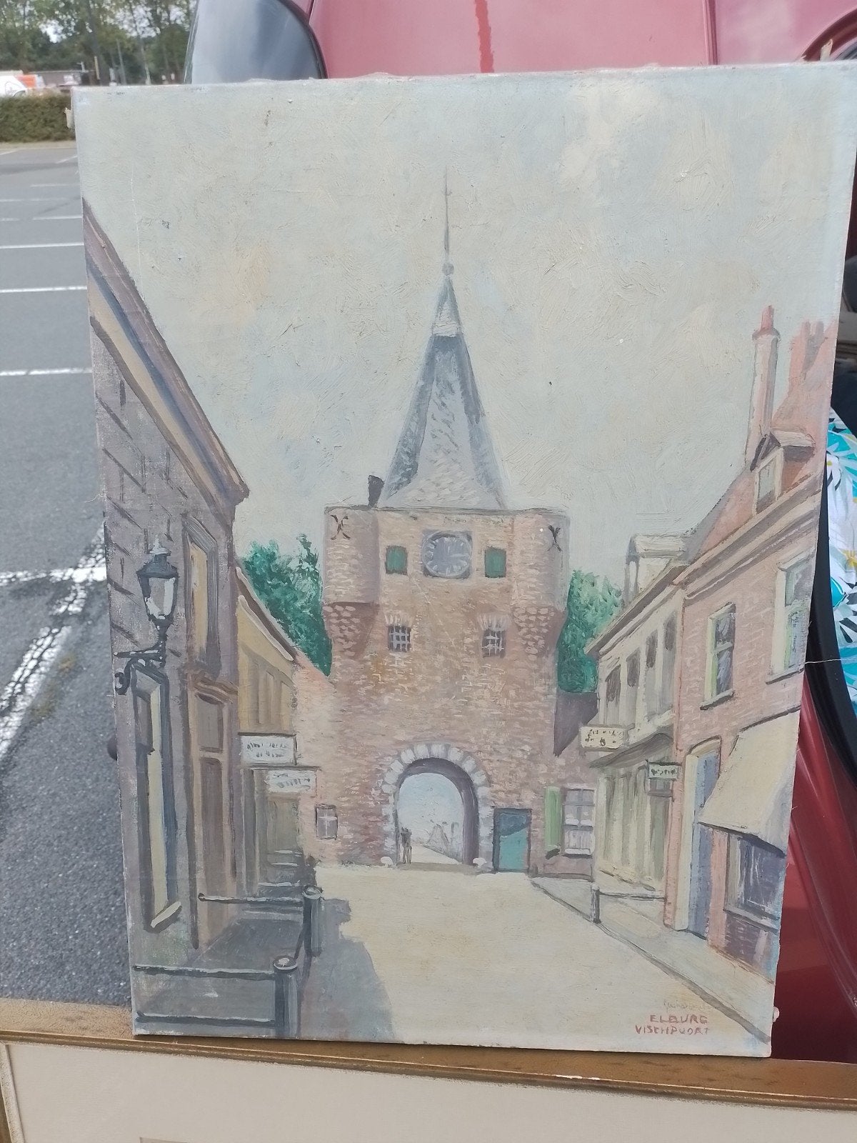 Impressionistisch olieverfschilderij Vischpoort Elburg, Antiek en Kunst, Kunst | Schilderijen | Klassiek, Ophalen of Verzenden