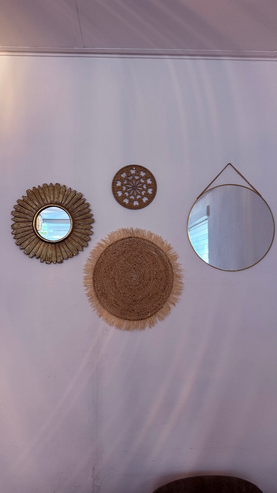 Muurdecoratie set: Spiegels, placemat, onderlegger en vaas, Minder dan 50 cm, Rond, Ophalen of Verzenden, Zo goed als nieuw