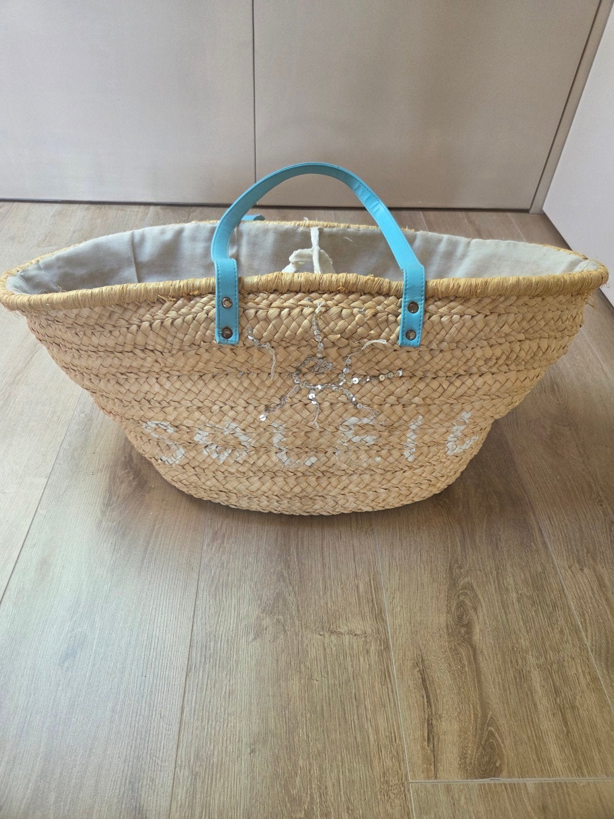 Riviera Maison rieten tas met blauwe hengsels, Ophalen of Verzenden, Blauw, Shopper