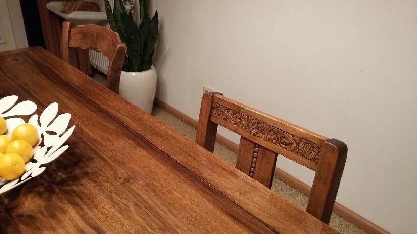 Tafel met 3 antieke stoelen - BIEDEN, Huis en Inrichting, Ophalen, Gebruikt, 50 tot 100 cm, 150 tot 200 cm
