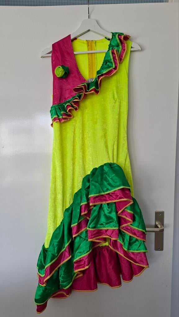 Carnaval salsa jurk fluor, Kleding | Dames, Carnavalskleding en Feestkleding, Ophalen of Verzenden, Gedragen, Maat 38/40 (M), Carnaval