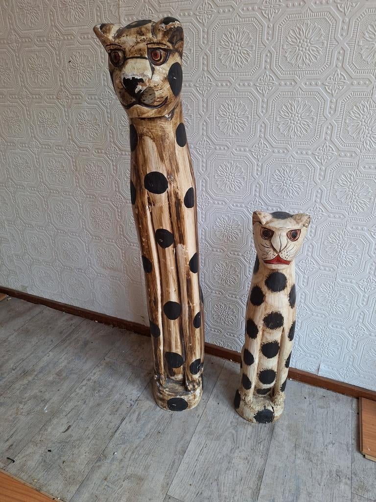 Houten luipaarden beelden set, Antiek en Kunst, Ophalen of Verzenden