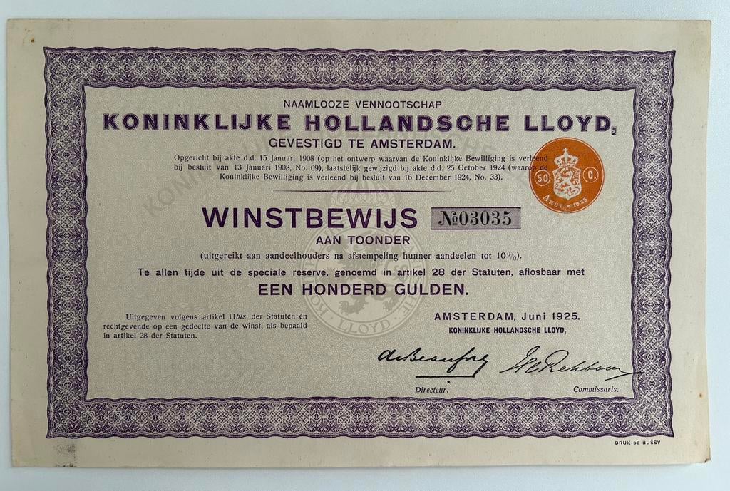 Winstbewijs Koninklijke Hollandsche Lloyd 1925, Ophalen, 1920 tot 1950, Certificaat van aandeel