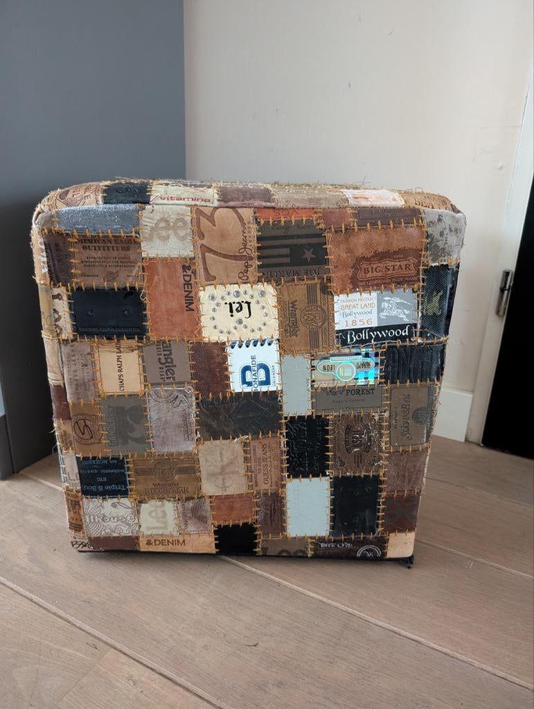 Lederen patchwork poef, Ophalen, Minder dan 50 cm, Rond, Minder dan 50 cm