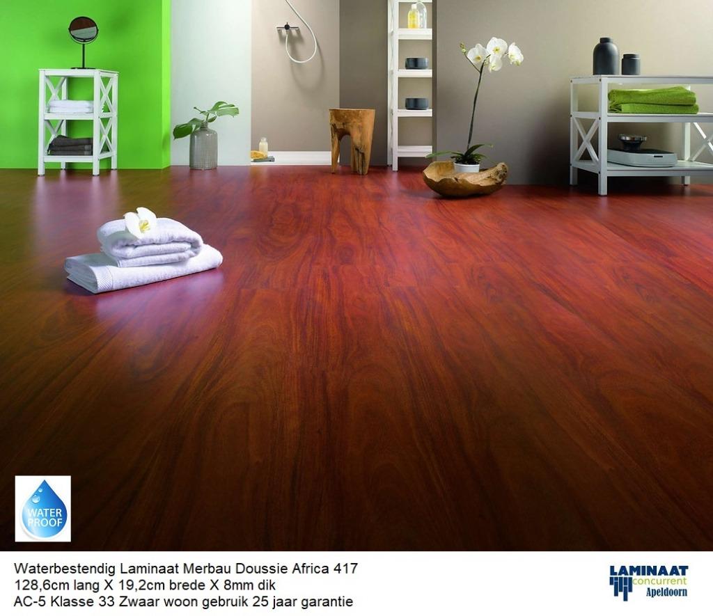 Waterbestendig Laminaat Merbau Doussie 417 8mm €14,95m2, 75 m² of meer, Nieuw, Ophalen of Verzenden, Laminaat Marbau Cherry decor