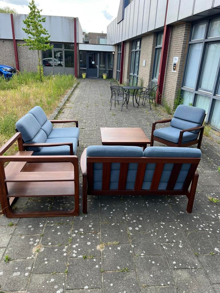 Vintage Deense woonkamerset, Niels Bach ‘70, Ophalen of Verzenden, Zo goed als nieuw, Hout, Vintage retro buisframe design rotan webbing papercord deens
