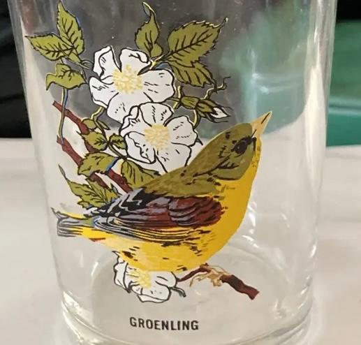 Vintage “groenling” vogel tumbler glas, Ophalen of Verzenden, Zo goed als nieuw, Frisdrankglas